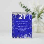 21e verjaardag royal blue zilver glitter stof glam uitnodiging briefkaart (Staand voorkant)