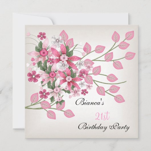 21e verjaardag  roze bloemen kaart (Voorkant)