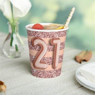 21e Verjaardag Roze Goud Glitter Streep Papieren Bekers