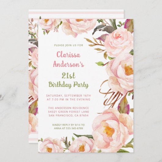 21e verjaardag roze pioen bloemetje kaart (Voorkant / Achterkant)