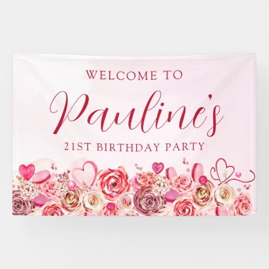 21e verjaardag roze roos swirly hart welkom spandoek (Horizontaal)