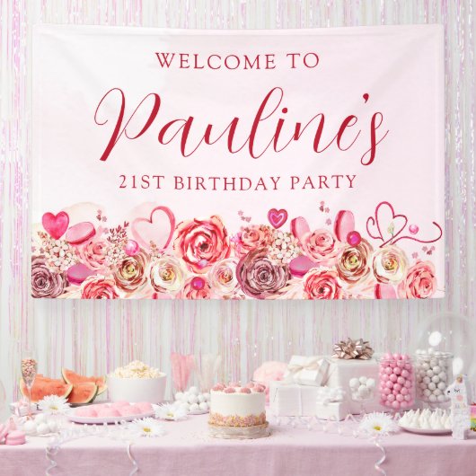 21e verjaardag roze roos swirly hart welkom spandoek (Feest)
