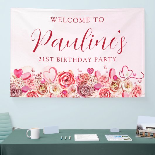 21e verjaardag roze roos swirly hart welkom spandoek (Beurs)