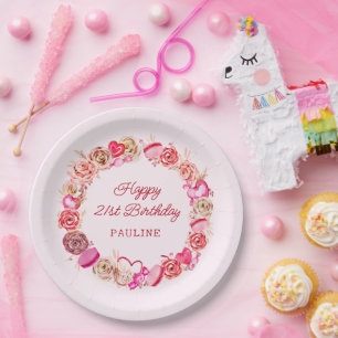 21e verjaardag roze rozen swirly hart papieren bordje