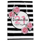 21e verjaardag roze rozen zwarte witte strepen naa medium cadeauzakje (Voorkant)