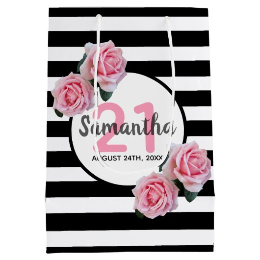 21e verjaardag roze rozen zwarte witte strepen naa medium cadeauzakje (Achterkant)