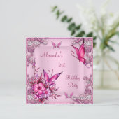 21e verjaardag  roze vlinder Silver Kaart (Staand voorkant)