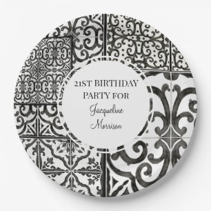 21e verjaardag RusticTile Pattern Black White Papieren Bordje