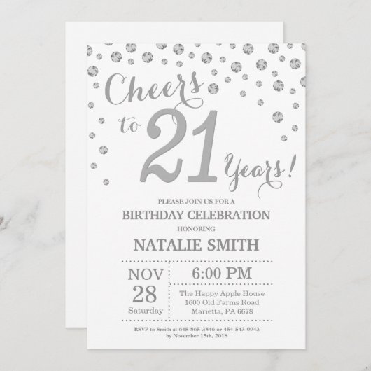 21e verjaardag Silver Glitter Diamond uitnodiging (Voorkant / Achterkant)