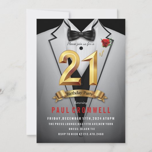 21e verjaardag Tuxedo uitnodiging (Voorkant)