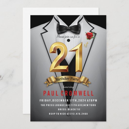 21e verjaardag Tuxedo uitnodiging (Voorkant / Achterkant)