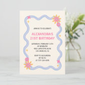 21e verjaardag uitnodiging Retro Groovy Pink Flowe (Staand voorkant)