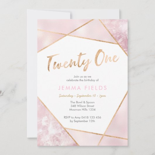 21e verjaardag Uitnodiging roze en goud (Voorkant)