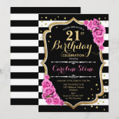 21e verjaardag uitnodiging roze zwart wit strepen (Voorkant / Achterkant)