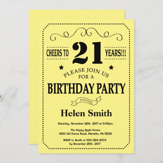 21e verjaardag Uitnodiging zwart-geel (Voorkant / Achterkant)