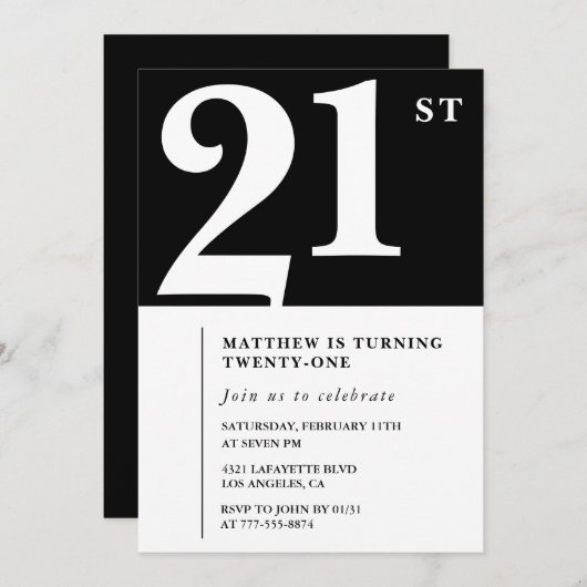 21e verjaardag uitnodigingen Black White Elegant (Voorkant / Achterkant)