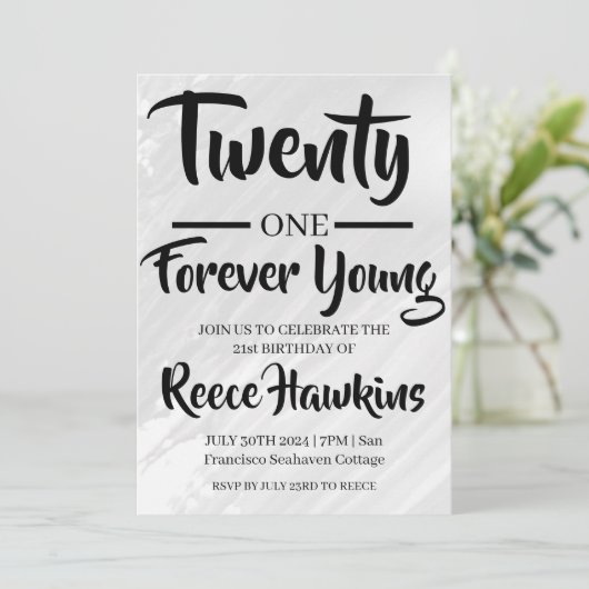 21e verjaardag uitnodigingen Modern zwart-wit (Staand voorkant)