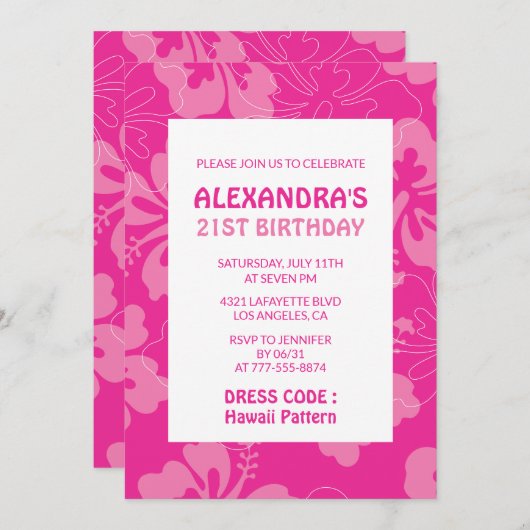 21e verjaardag uitnodigingen Tropical Hawaii Pink (Voorkant / Achterkant)