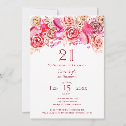 21e Verjaardag Valentijn Roze Rose Swirly Heart Kaart (Voorkant)