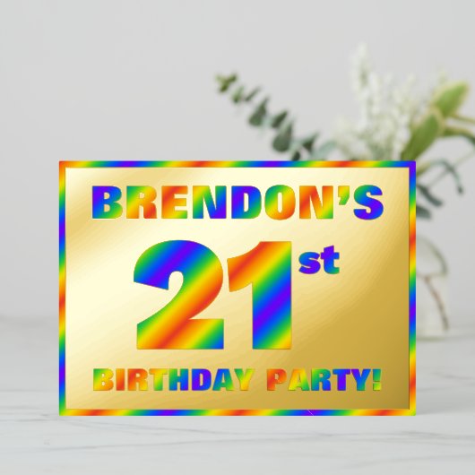 21e verjaardag van de partij Fun, regenboogspectru Folie Uitnodiging (Staand Voorkant)