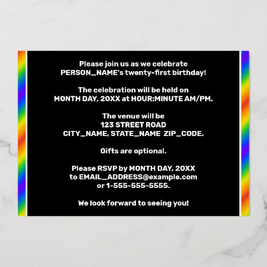 21e verjaardag van de partij Fun, regenboogspectru Folie Uitnodiging (Achterkant)