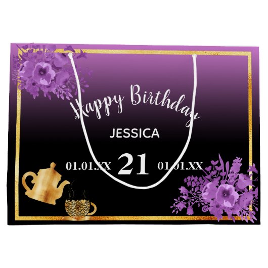 21e verjaardag vioolse paarse roze theepartij groot cadeauzakje (Achterkant)