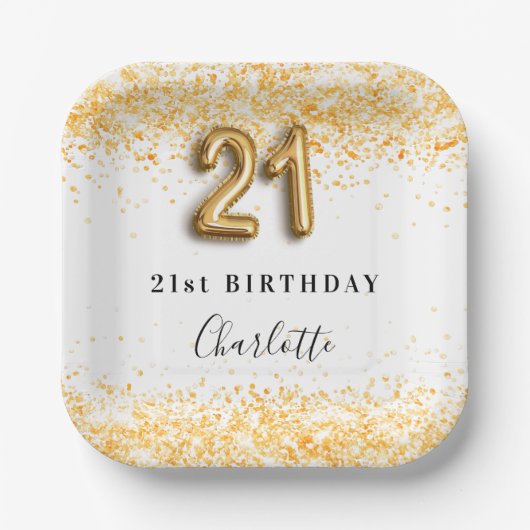 21e verjaardag witte goudglitter naam papieren bordje (Voorkant)
