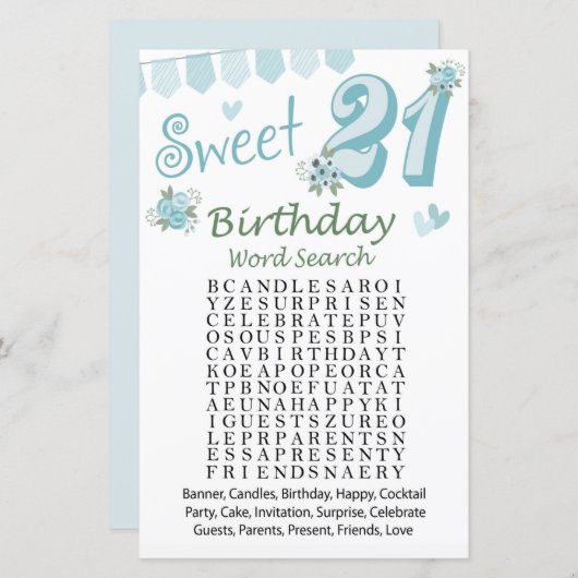 21e verjaardag Word Search Game (Voorkant / Achterkant)