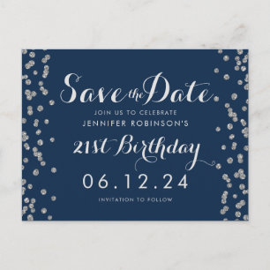 21e verjaardag Zilver Save The Date Confetti Navy Briefkaart