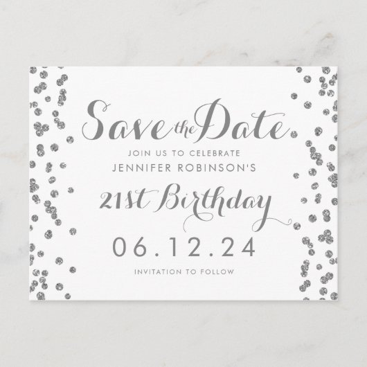 21e Verjaardag Zilver Save The Date Confetti Wit Briefkaart (Voorkant)
