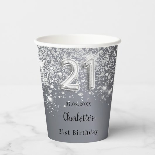 21e verjaardag zilverglitter-naam papieren bekers (Achterkant)