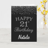21e Verjaardag Zwart en Zilver Glitter Kaart (Gele Bloem)