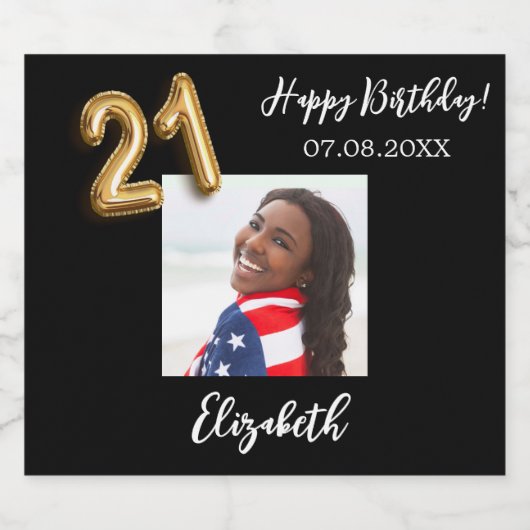 21e verjaardag zwart goud foto sparkling wijnetiket (Enkel label)