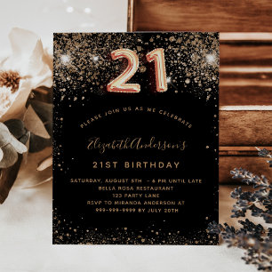 21e verjaardag zwart goud glitter uitnodiging