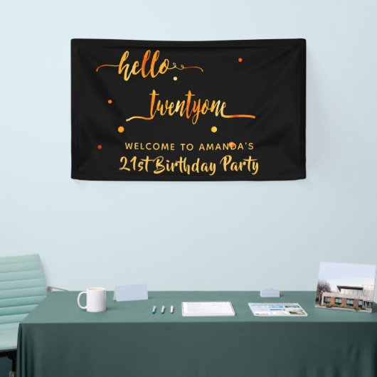 21e verjaardag zwart goud hallo 21 naamscript spandoek (Beurs)