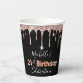 21e Verjaardag Zwart & Roos Goud Glitter druppels Papieren Bekers (Achterkant)