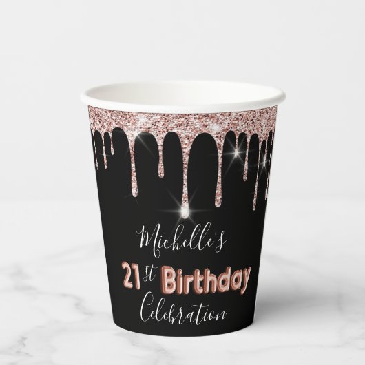 21e Verjaardag Zwart & Roos Goud Glitter druppels Papieren Bekers (Achterkant)