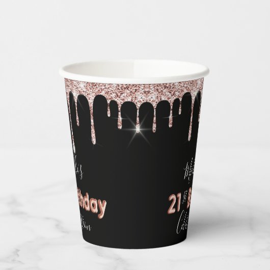 21e Verjaardag Zwart & Roos Goud Glitter druppels Papieren Bekers (Links)