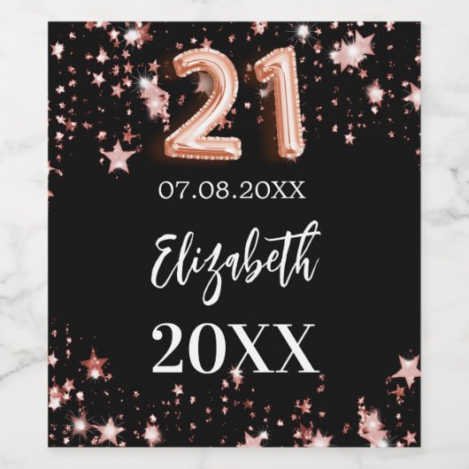 21e verjaardag zwart roos gouden sterren wijn etiket (Enkel label)