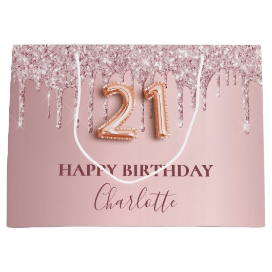 21e verjaardag zwart roze glitter druppelt monogra groot cadeauzakje (Voorkant)