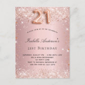 21e verjaardag zwart roze roze roos goud glitter s uitnodiging briefkaart (Voorkant)