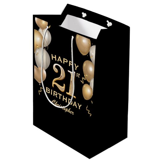 21e verjaardag Zwarte en gouden ballonnen Medium Cadeauzakje (Achterkant Gekanteld)