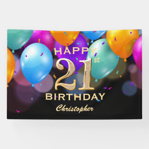 21e verjaardag Zwarte en gouden ballonnen Spandoek