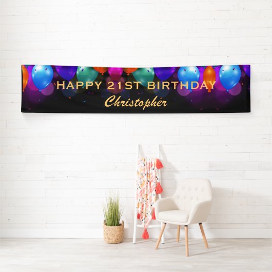 21e verjaardag Zwarte en gouden ballonnen Spandoek (Insitu)