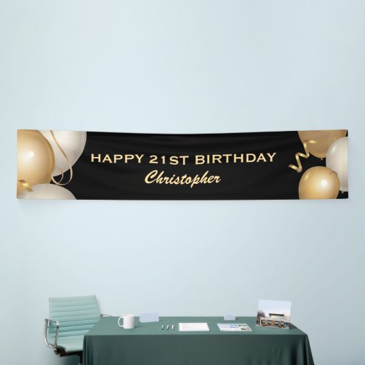 21e verjaardag Zwarte en gouden ballonnen Spandoek (Beurs)