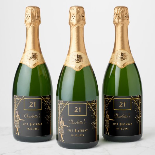 21e verjaardag zwarte gouden retro deco sparkling wijnetiket (Flessen)