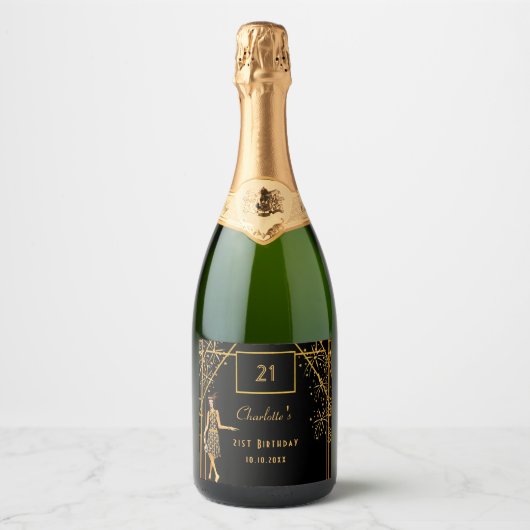 21e verjaardag zwarte gouden retro deco sparkling wijnetiket (Voorkant)