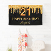 21e verjaardag zwarte goudglitterdruppels spandoek (Insitu)