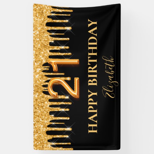 21e verjaardag zwarte goudglitterdruppels spandoek (Verticaal)