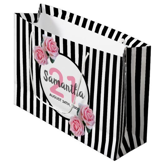 21e verjaardag zwarte strepen roze rozenrozennaam groot cadeauzakje (Voorkant Gekanteld)